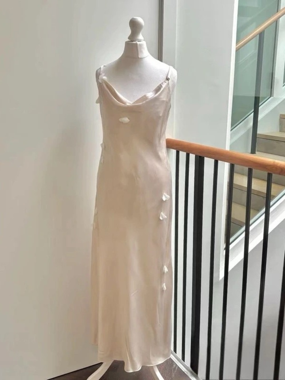 Elegant Cream Satin Maxi Slip Dress with Petal Accents